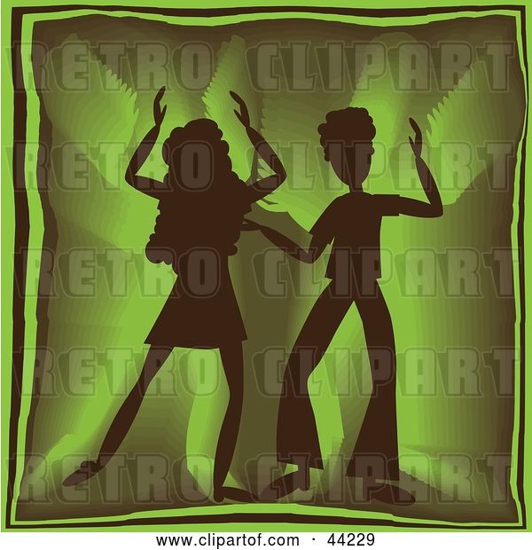 Vector Clip Art of Retro Silhouetted Dancing Couple Grooving at a Green Party