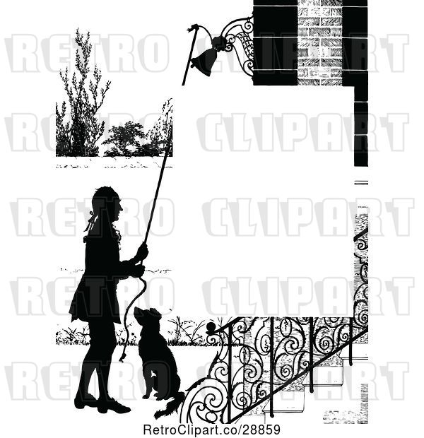 Vector Clip Art of Retro Silhouetted Dog and Guy Ringing a Bell Page Border