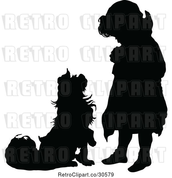 Vector Clip Art of Retro Silhouetted Dog Begging to a Girl