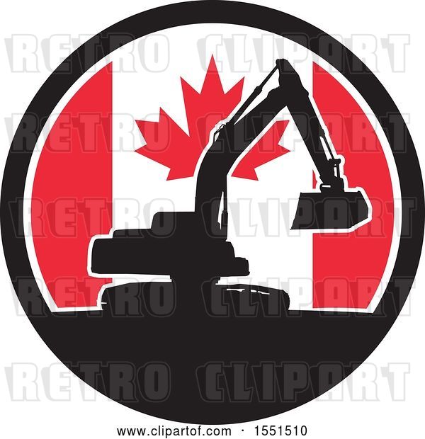 Vector Clip Art of Retro Silhouetted Excavator Machine in a Canadian Flag Circle