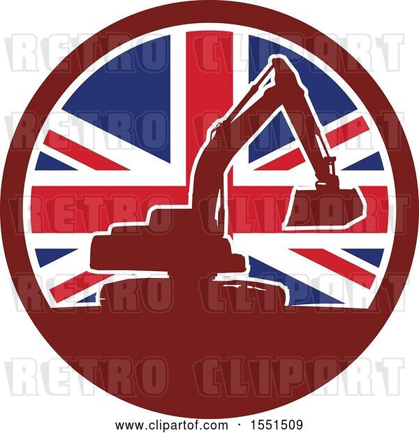 Vector Clip Art of Retro Silhouetted Excavator Machine in a Union Jack Flag Circle