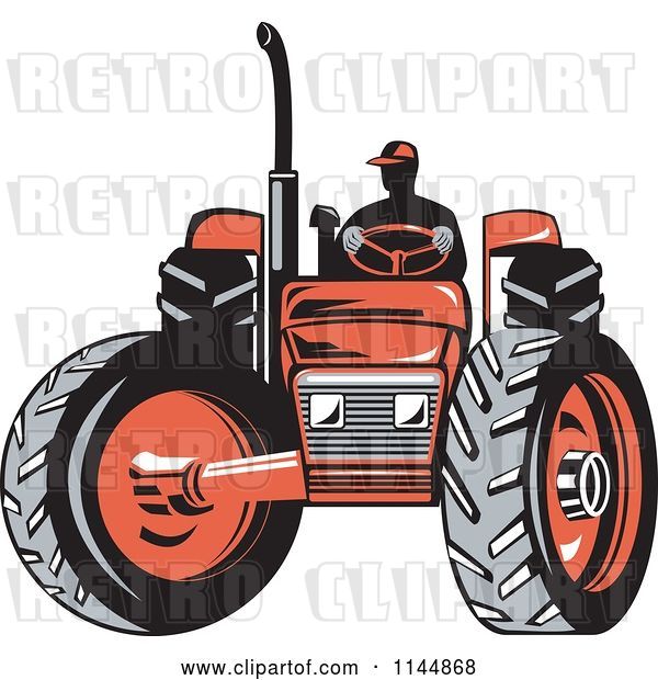 Vector Clip Art of Retro Silhouetted Farmer Operating a Red Tractor 1