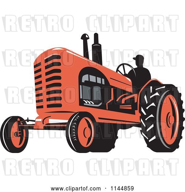 Vector Clip Art of Retro Silhouetted Farmer Operating a Red Tractor 2