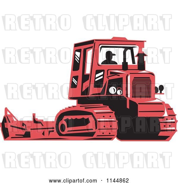 Vector Clip Art of Retro Silhouetted Farmer Operating a Steel Track Tractor