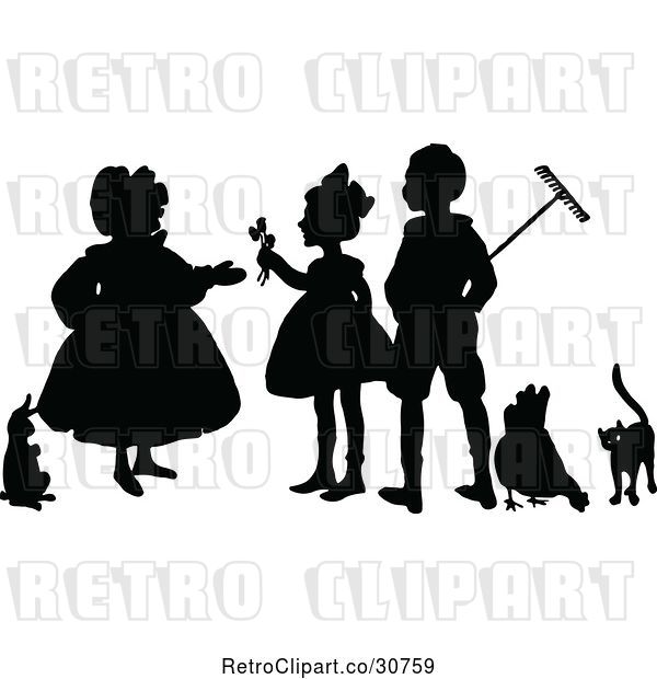 Vector Clip Art of Retro Silhouetted Farmers with a Rabbit Chicken and Cat