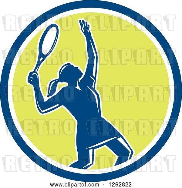 Vector Clip Art of Retro Silhouetted Female Tennis Player Serving Inside a Blue White and Green Circle