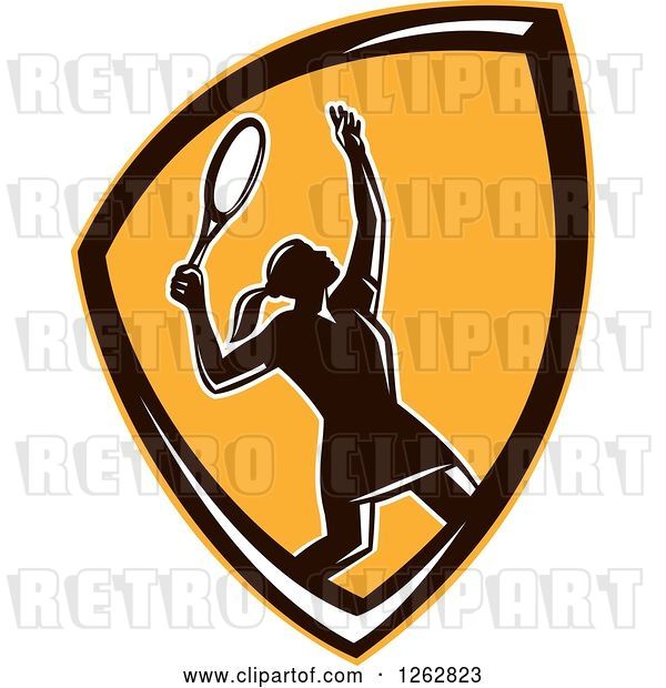 Vector Clip Art of Retro Silhouetted Female Tennis Player Serving Inside an Orange Shield