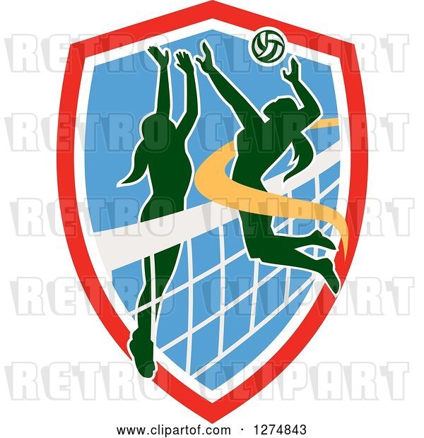 Vector Clip Art of Retro Silhouetted Female Volleyball Player Blocking an Opponents Spike in a Red White and Blue Shield