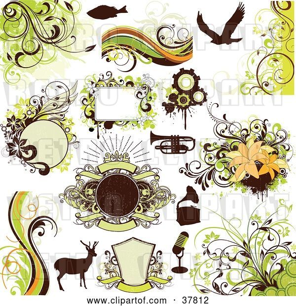 Vector Clip Art of Retro Silhouetted Fish, Eagle, Trumpet, Phonograph, Microphone and Deer with Green Floral Design Elements