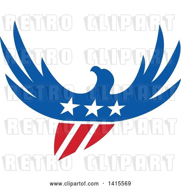 Vector Clip Art of Retro Silhouetted Flying American Bald Eagle in Red White and Blue with a Shield Body and Stars on Its Chest