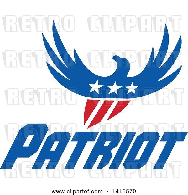Vector Clip Art of Retro Silhouetted Flying American Bald Eagle in Red White and Blue with a Shield Body and Stars on Its Chest over Patriot Text