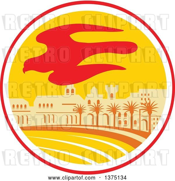 Vector Clip Art of Retro Silhouetted Flying Peregrine Falcon over a City with Palm Trees on the Coast, Inside a Circle