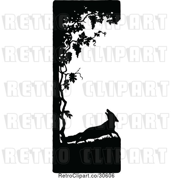 Vector Clip Art of Retro Silhouetted Fox and Tree Border