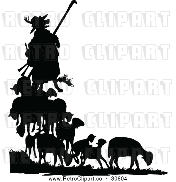 Vector Clip Art of Retro Silhouetted Fox in Shepherd Clothing and Sheep
