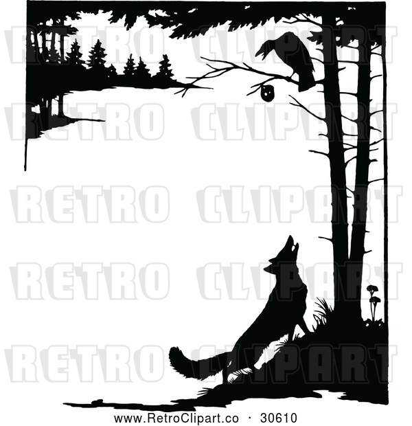 Vector Clip Art of Retro Silhouetted Fox Looking up at a Crow in a Tree