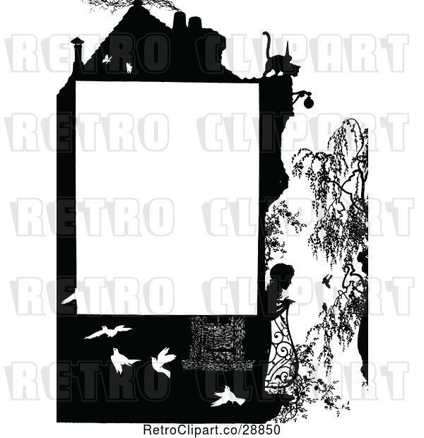 Vector Clip Art of Retro Silhouetted Girl on a Balcony Page Border