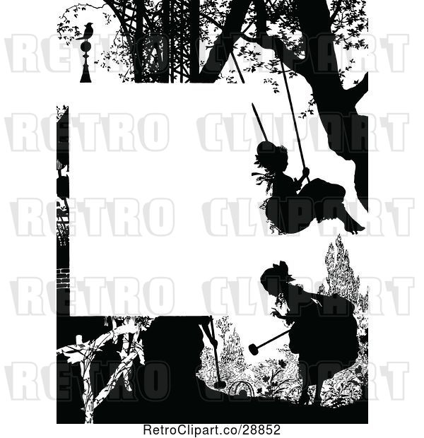 Vector Clip Art of Retro Silhouetted Girl Swinging Page Border
