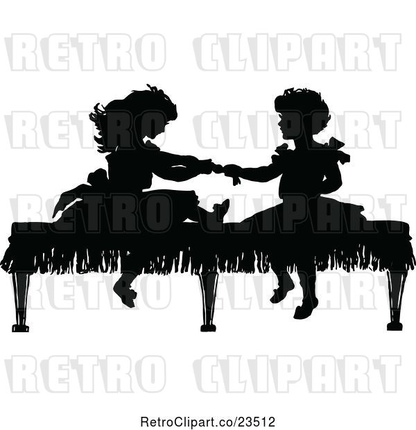 Vector Clip Art of Retro Silhouetted Girls Playing on a Bench