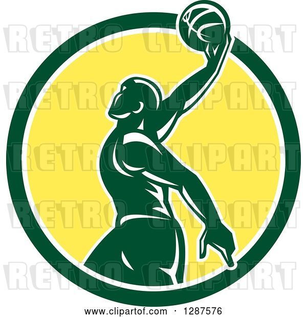 Vector Clip Art of Retro Silhouetted Green Basketball Player Doing a Layup in a Green White and Yellow Circle