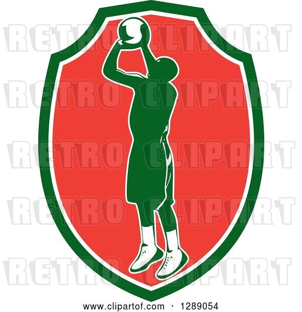 Vector Clip Art of Retro Silhouetted Green Basketball Player Jumping and Shooting in a Green White and Red Shield