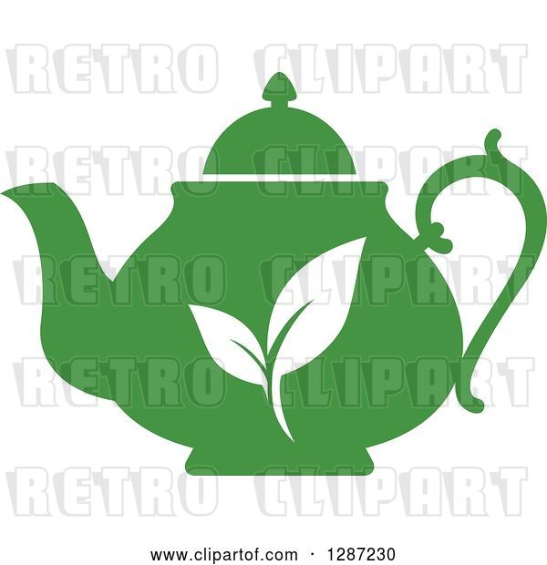 Vector Clip Art of Retro Silhouetted Green Tea Pot with White Leaves