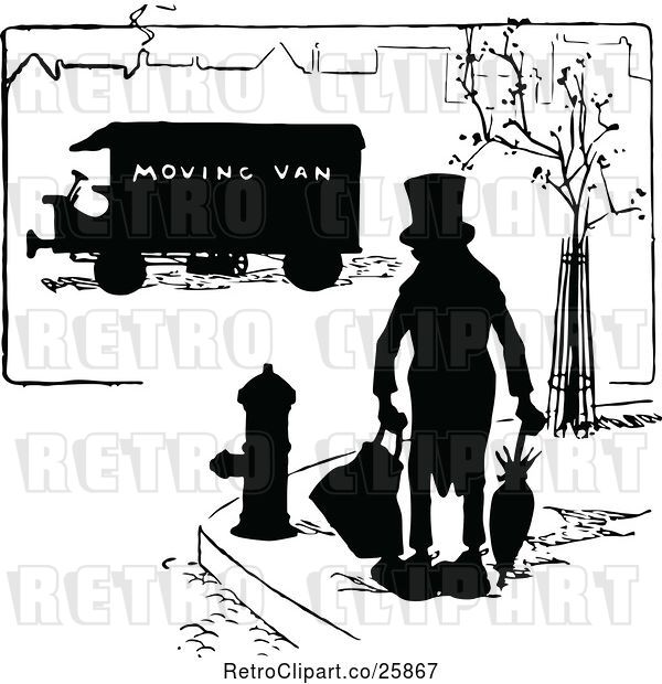 Vector Clip Art of Retro Silhouetted Guy and Moving Van