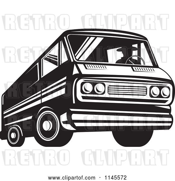 Vector Clip Art of Retro Silhouetted Guy Driving a Van