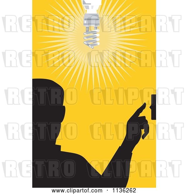 Vector Clip Art of Retro Silhouetted Guy Flipping a Light Switch over Yellow