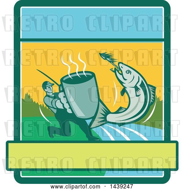 Vector Clip Art of Retro Silhouetted Guy Holding out a Coffee Mug and Reeling in a Hooked Salmon Fish in a Rectangle