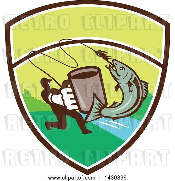Vector Clip Art of Retro Silhouetted Guy Holding out a Coffee Mug and Reeling in a Hooked Salmon Fish in a Shield with a River