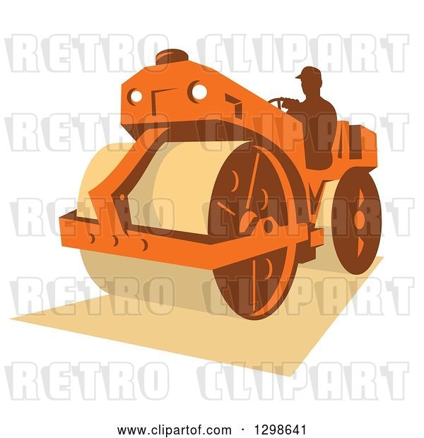 Vector Clip Art of Retro Silhouetted Guy Operating a Road Roller Machine