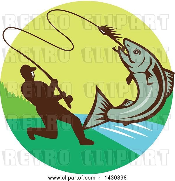 Vector Clip Art of Retro Silhouetted Guy Reeling in a Hooked Salmon Fish in a Circle with a River