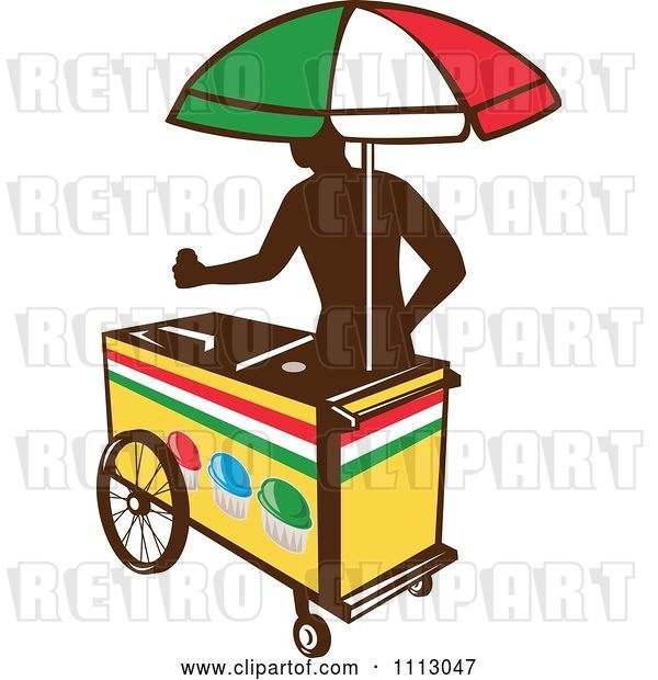Vector Clip Art of Retro Silhouetted Ice Push Cart Vendor with an Italian Umbrella