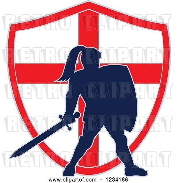 Vector Clip Art of Retro Silhouetted Knight in Full Armor over an English Flag Shield
