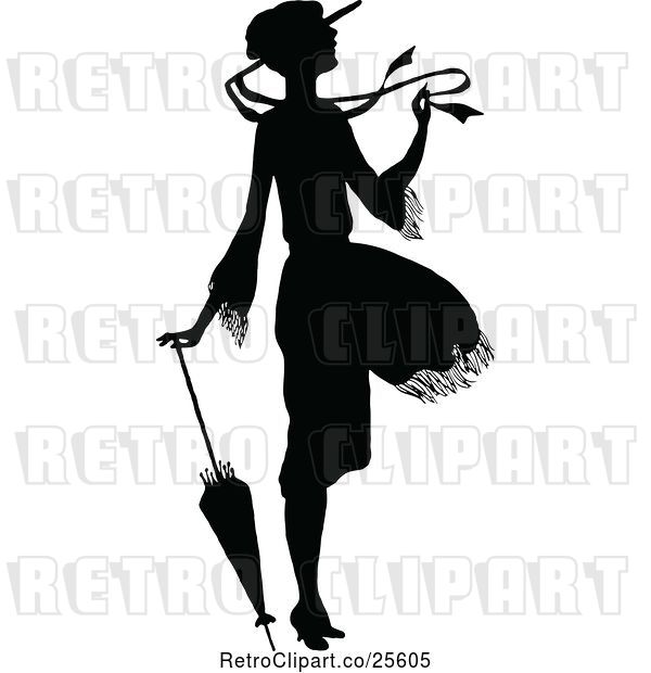 Vector Clip Art of Retro Silhouetted Lady in a Breeze, with an Umbrella