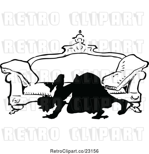 Vector Clip Art of Retro Silhouetted Lady Looking Under a Sofa