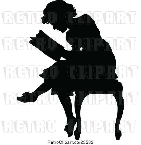 Vector Clip Art of Retro Silhouetted Lady Reading