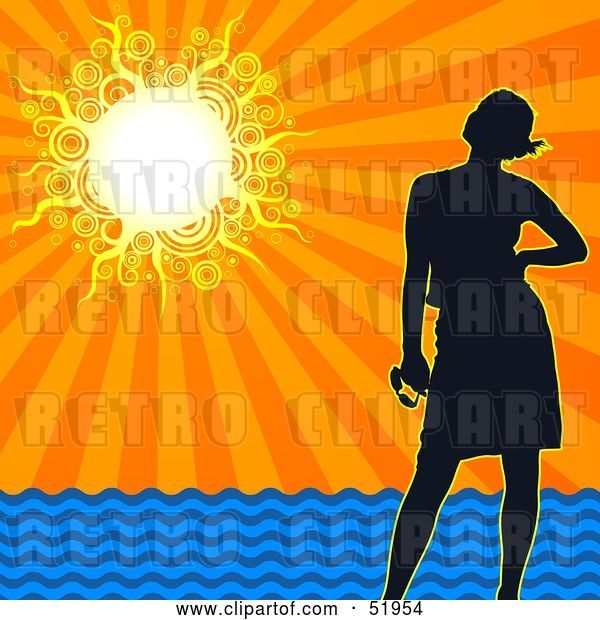 Vector Clip Art of Retro Silhouetted Lady Standing on a Beach Under a Sunset Ocean Sky