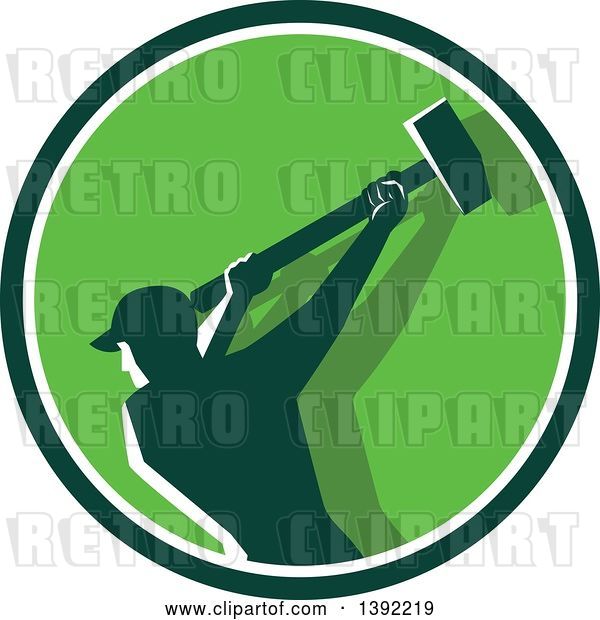 Vector Clip Art of Retro Silhouetted Male Demolition Worker Swinging a Sledgehammer in a Green and White Circle