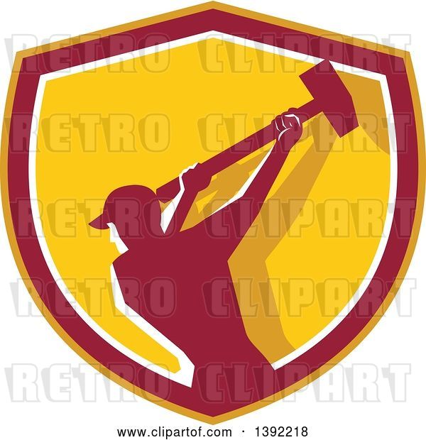 Vector Clip Art of Retro Silhouetted Male Demolition Worker Swinging a Sledgehammer in a Yellow Red and White Shield
