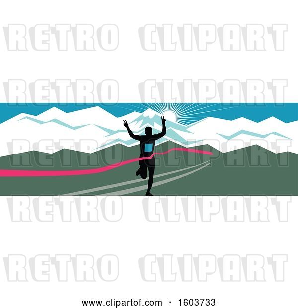 Vector Clip Art of Retro Silhouetted Male Marathon Runner Breaking Through the Finish Line Against a Snow Capped Mountainous Sunset