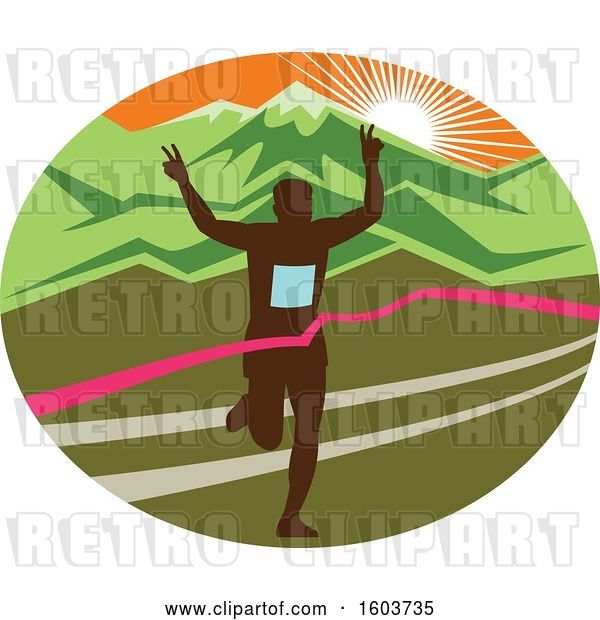 Vector Clip Art of Retro Silhouetted Male Marathon Runner Breaking Through the Finish Line in an Oval Against a Mountainous Sunset