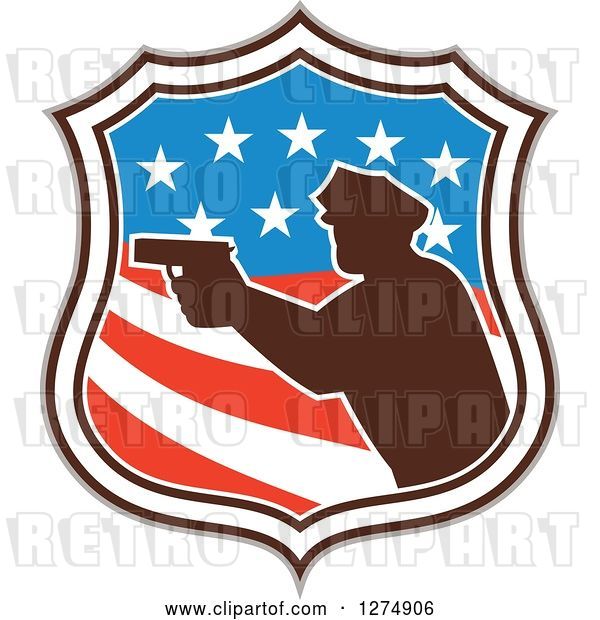 Vector Clip Art of Retro Silhouetted Male Police Officer Aiming a Firearm in an American Flag Circle