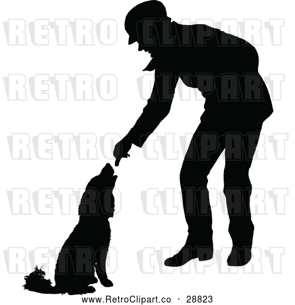 Vector Clip Art of Retro Silhouetted Man Feeding a Dog