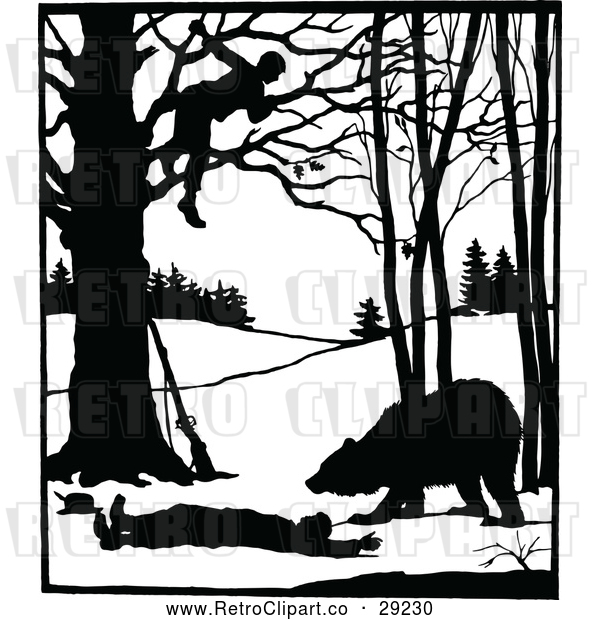 Vector Clip Art of Retro Silhouetted Man in a Tree over a Bear and Attacked Man