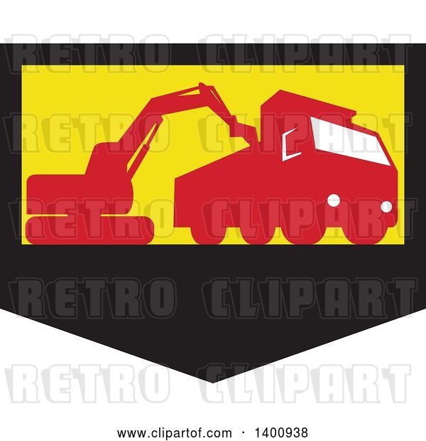 Vector Clip Art of Retro Silhouetted Mechanical Digger Excavator Loading a Dump Truck in a Black Yellow and Red Shield