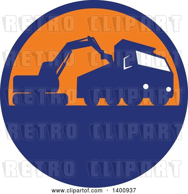 Vector Clip Art of Retro Silhouetted Mechanical Digger Excavator Loading a Dump Truck in a Blue and Orange Circle