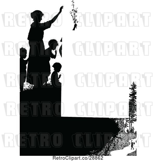 Vector Clip Art of Retro Silhouetted People on a Cliff Page Border