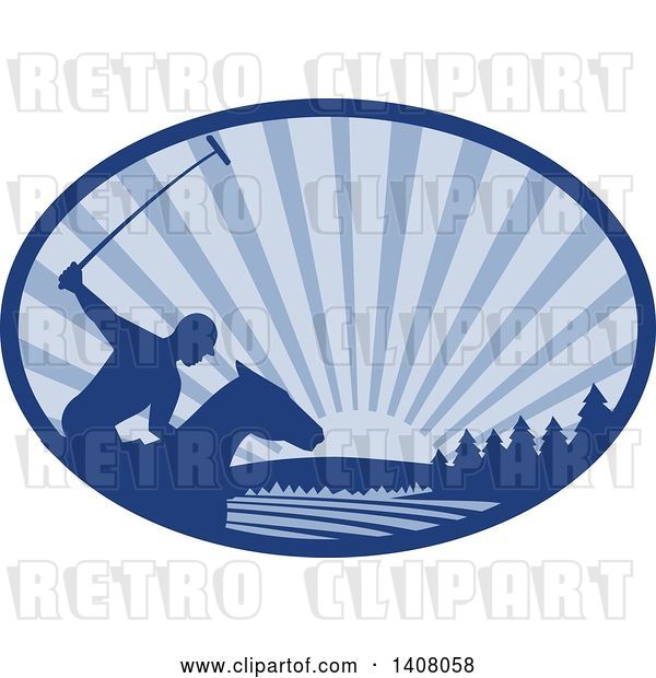 Vector Clip Art of Retro Silhouetted Polo Player on Horseback, Swinging a Mallet Against a Sunset in a Blue Oval