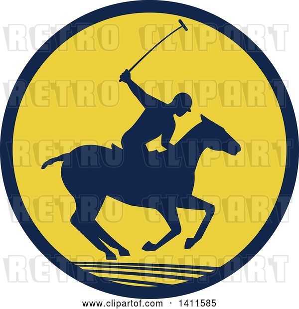 Vector Clip Art of Retro Silhouetted Polo Player on Horseback, Swinging a Mallet in a Navy Blue and Yellow Circle